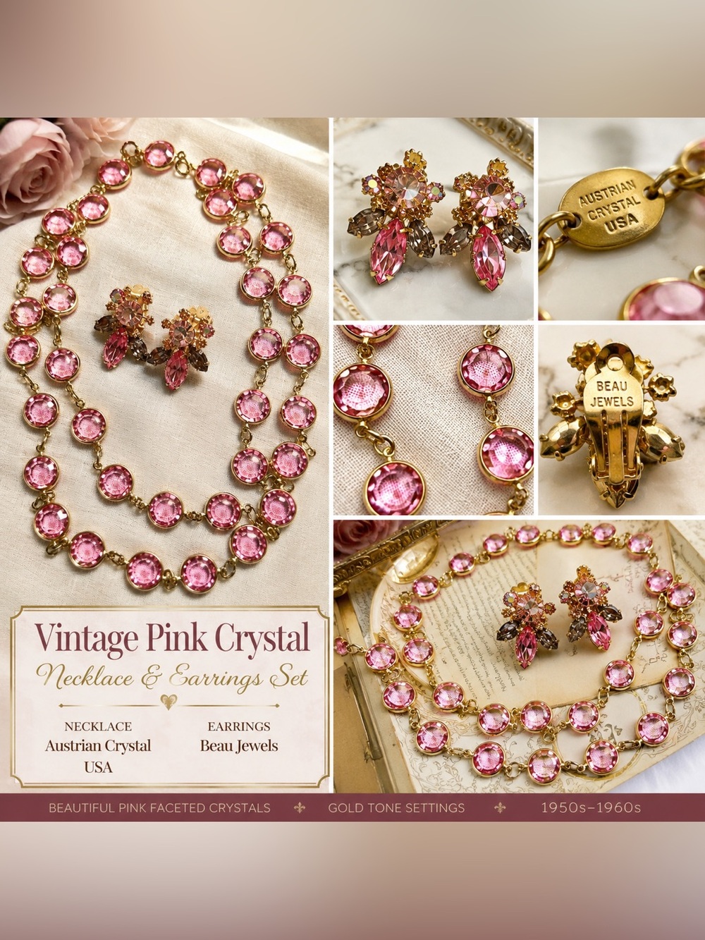 Vintage Austrian Pink Crystal Necklace & Signed Beau Jewels Earrings Set